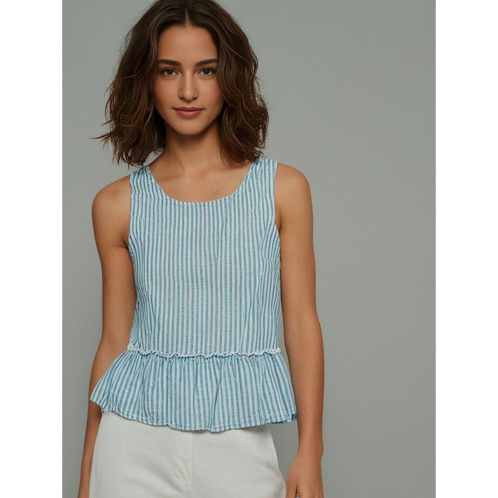 Beach Lunch Lounge Women's Ruffle Hem Striped Sleeveless Top Sz Large Breathable